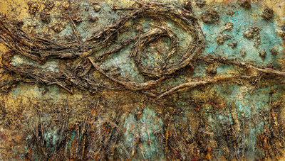 Anselm Kiefer, De sterrennacht, 2019, emulsie, olie, acryl, schellak, stro, bladgoud, hout, draad, bezinksel van een elektrolyse op doek, 470 x 840 cm © Anselm Kiefer Foto: Georges Poncet